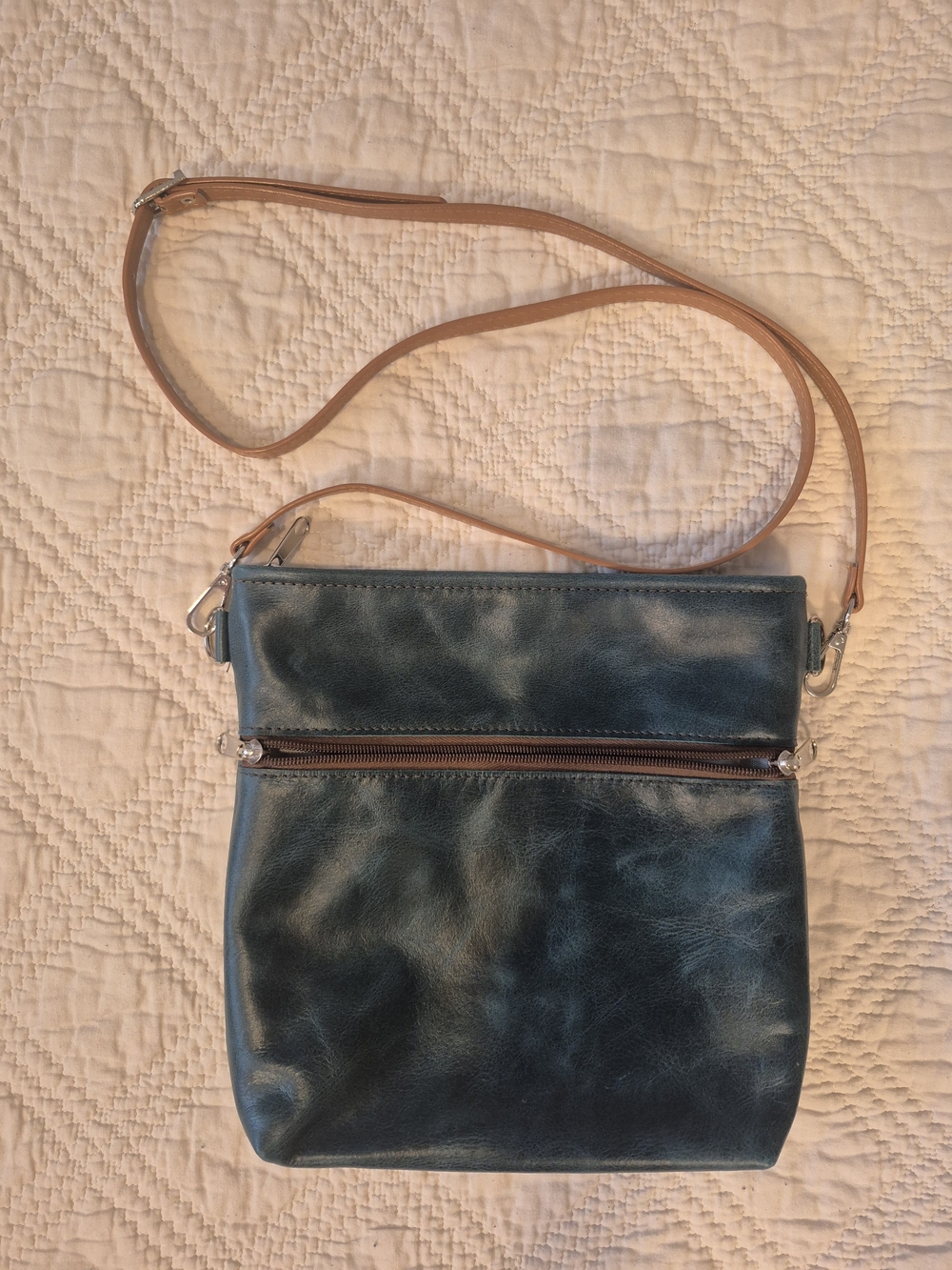 Teal Genuine Leather Crossbody Bag Jewel Tone Shoulder Purse